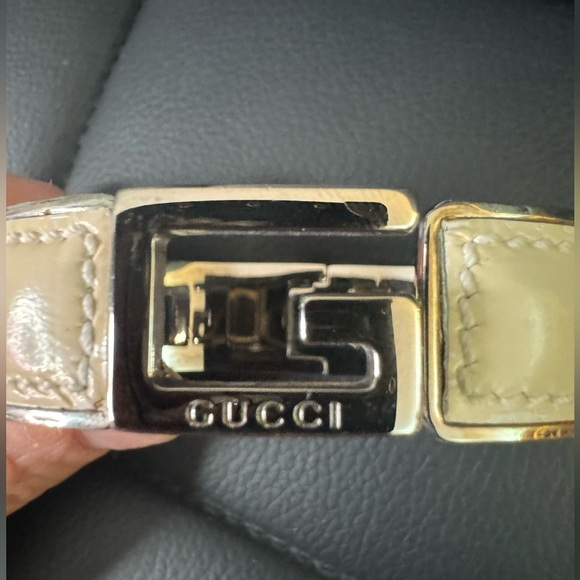Gucci Vintage Silver Metal Beige Leather G Logo Bangle Bracelet - Picture 8 of 8